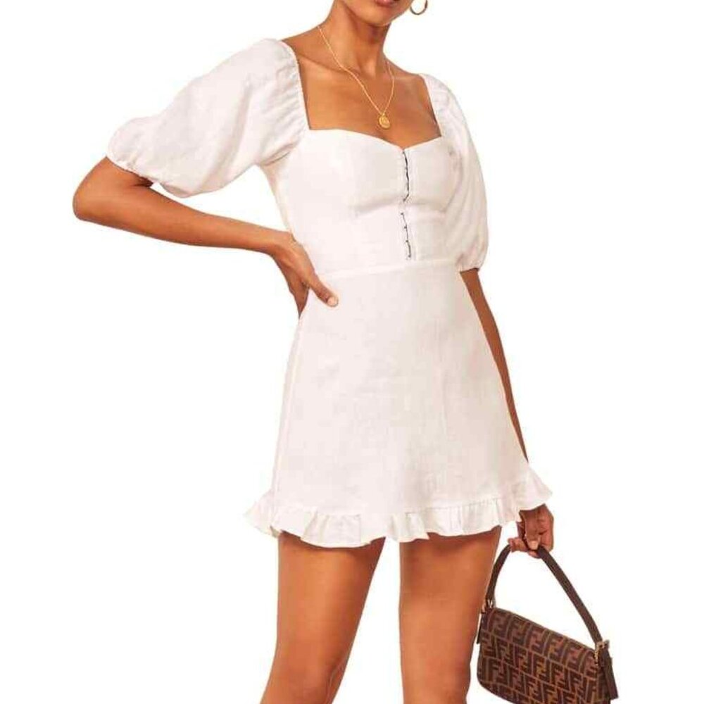 Reformation Seattle puff sleeve Mini dress White Linen Size 8 NWT